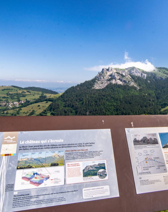 Panneau de signalisation au Panorama de Pré Richard à Bernex avec vue sur le Mont Bénand - Géosite du Géopark Chablais