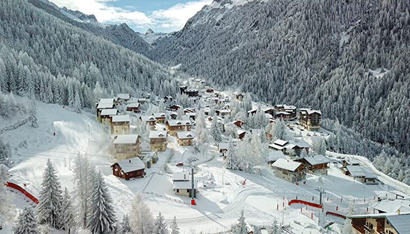 Winter aerial view of Valfréjus resort